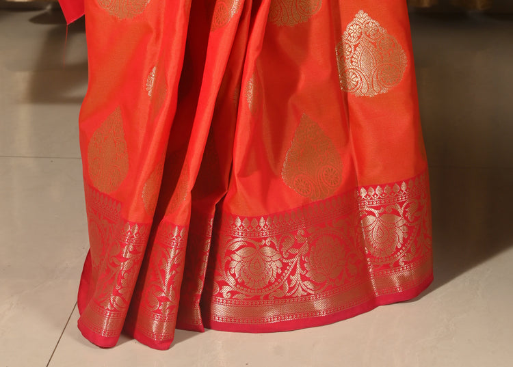 Banarasi Vastra Semi Katan Silk Woven Saree Golden Zari Buta Floral Border Orang