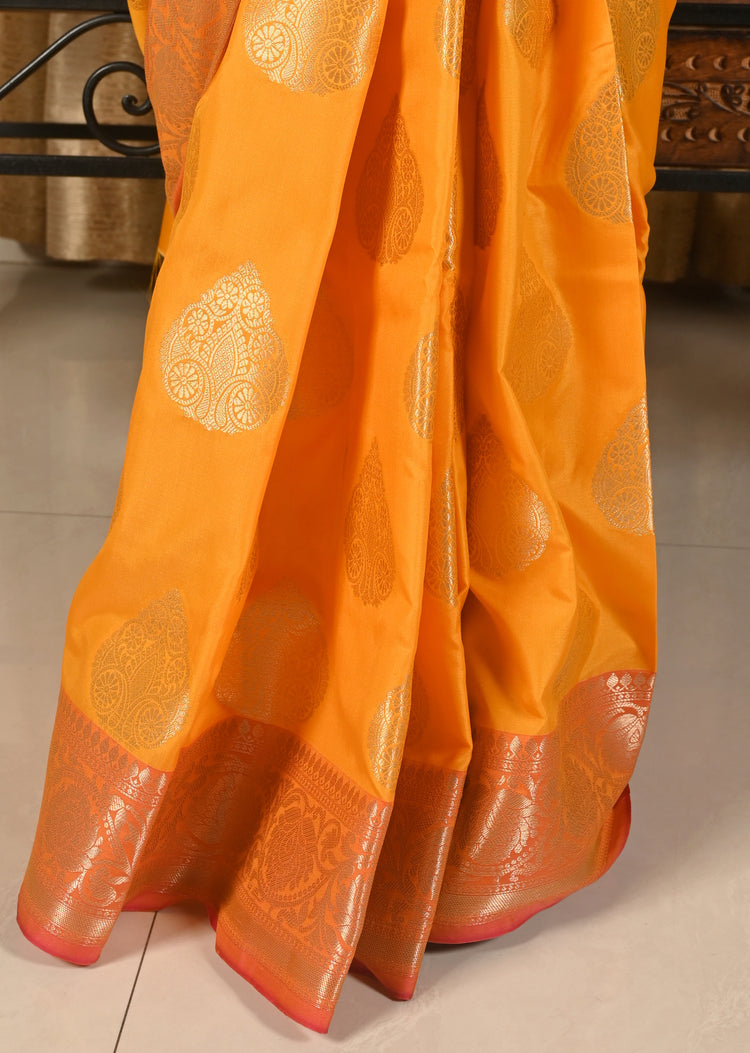 Banarasi Vastra Semi Katan Silk Woven SarI Golden Zari Buta Floral Border Yellow