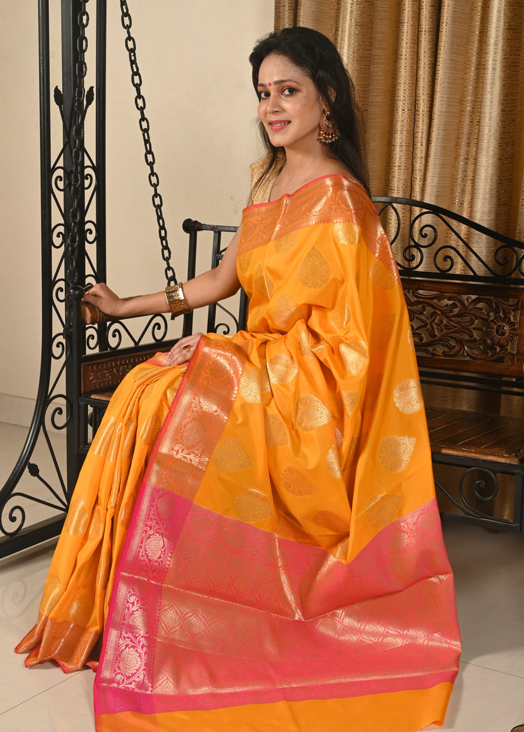Banarasi Vastra Semi Katan Silk Woven SarI Golden Zari Buta Floral Border Yellow