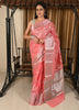 Banarasi Vastra Linen Cotton Silver Zari Woven Pink Saree with Skirt Border Sari