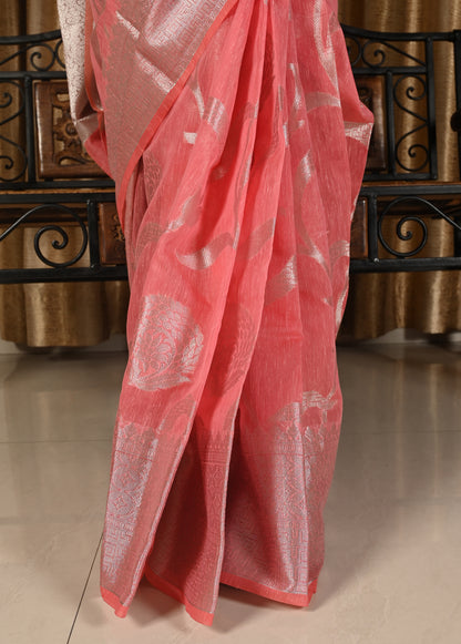 Banarasi Vastra Linen Cotton Silver Zari Woven Pink Saree with Skirt Border Sari