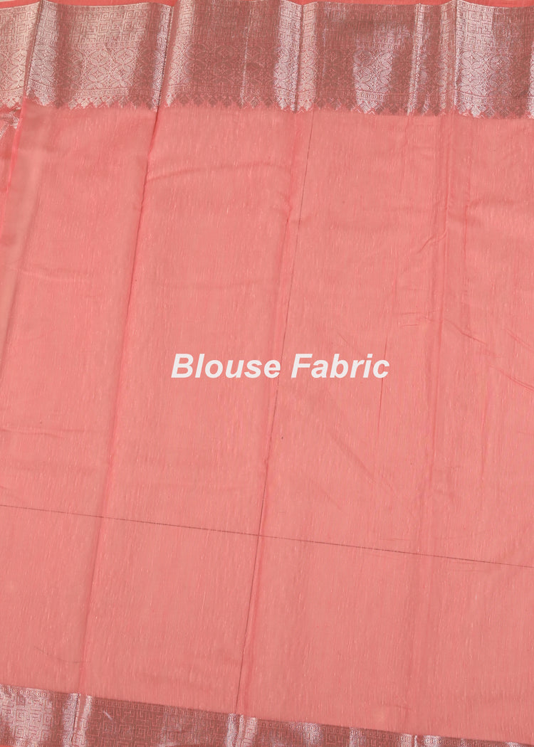 Banarasi Vastra Linen Cotton Silver Zari Woven Pink Saree with Skirt Border Sari