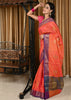 Banarasi Vastra Silky Lenin Saree With Zari Woven Floral Motifs Border Peach