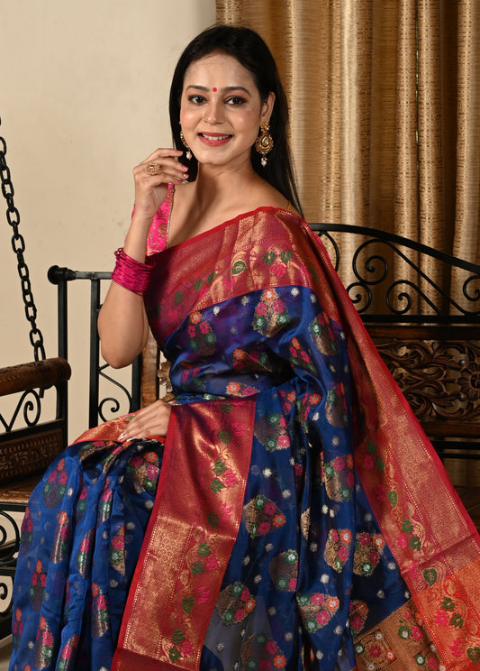 Banarasi Vastra Kora Silk Saree with Meena Tilfi Buta Zari Resham Woven Sari
