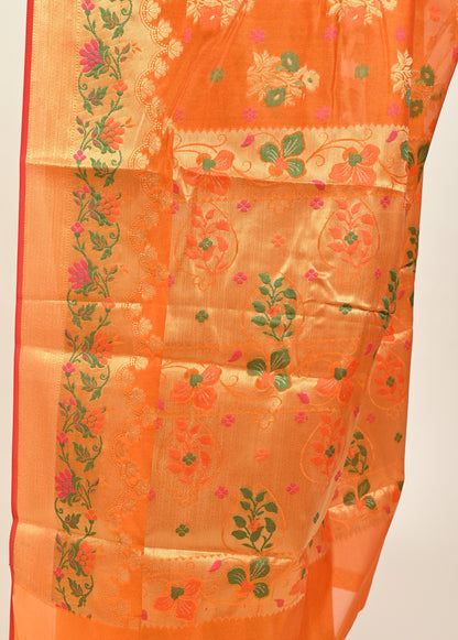 Banarasi Vastra Chanderi Silk Floral Meena Buta Saree Zari Woven Skirt Border
