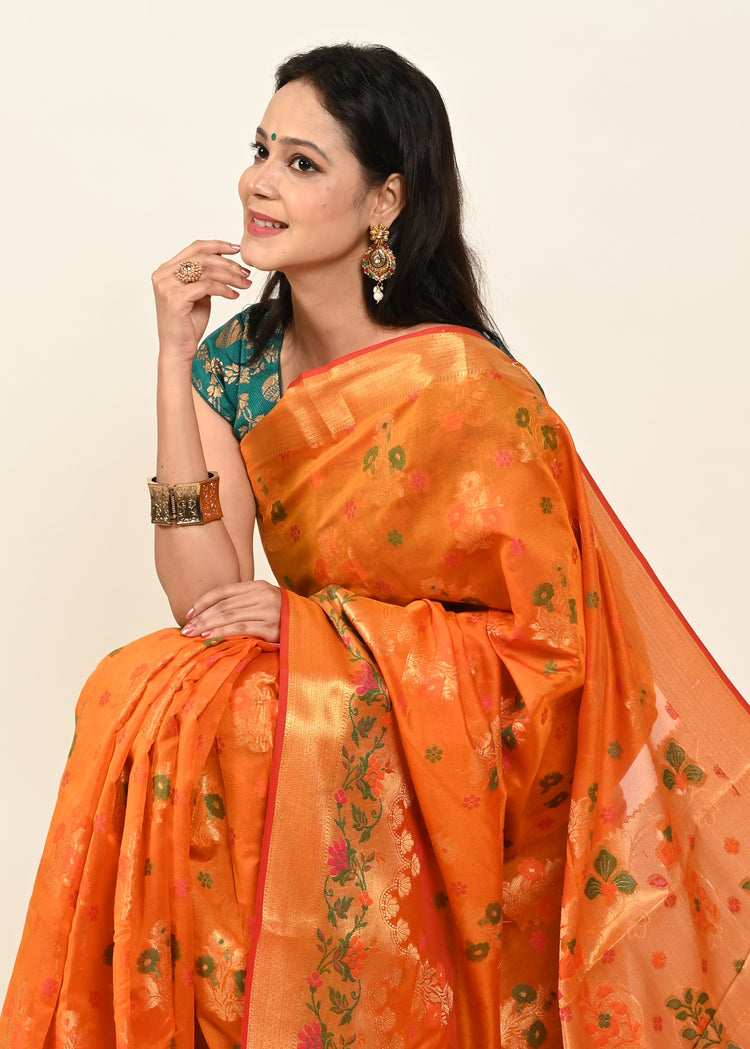 Banarasi Vastra Chanderi Silk Floral Meena Buta Saree Zari Woven Skirt Border