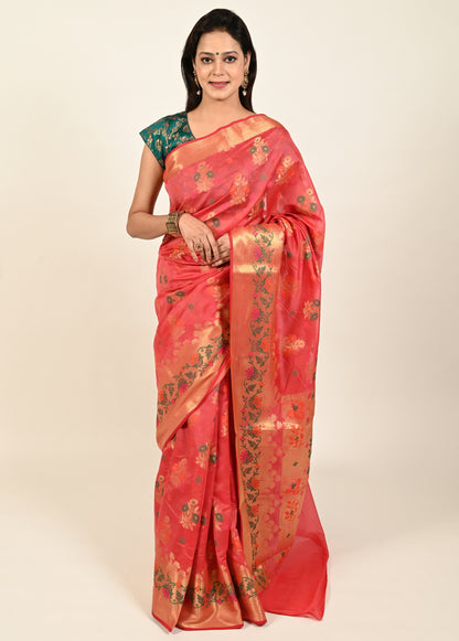 Banarasi Vastra Chanderi Silk Floral Meena Buta Saree Zari Woven Skirt Border