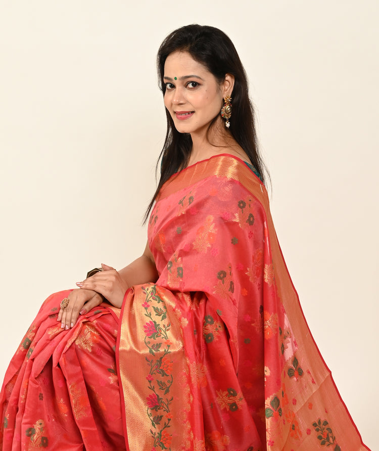 Banarasi Vastra Chanderi Silk Floral Meena Buta Saree Zari Woven Skirt Border