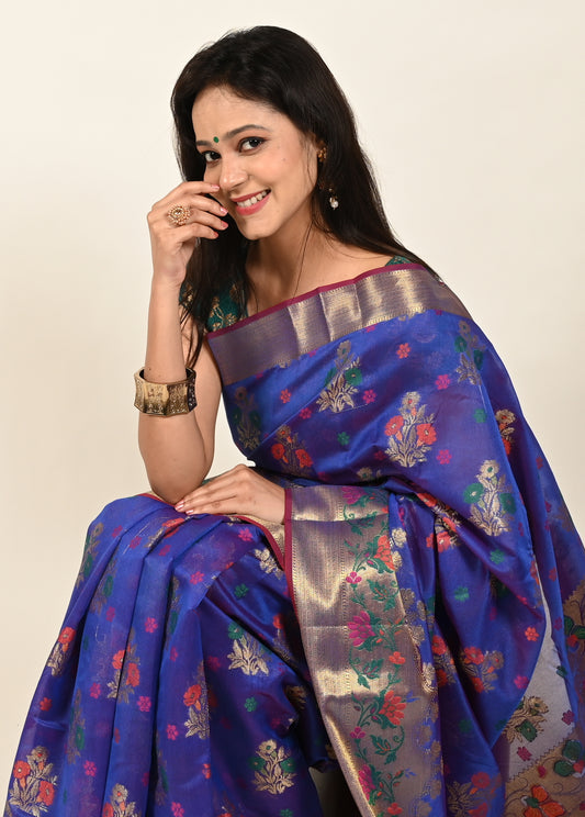Banarasi Vastra Chanderi Silk Floral Meena Buta Saree Zari Woven Skirt Border