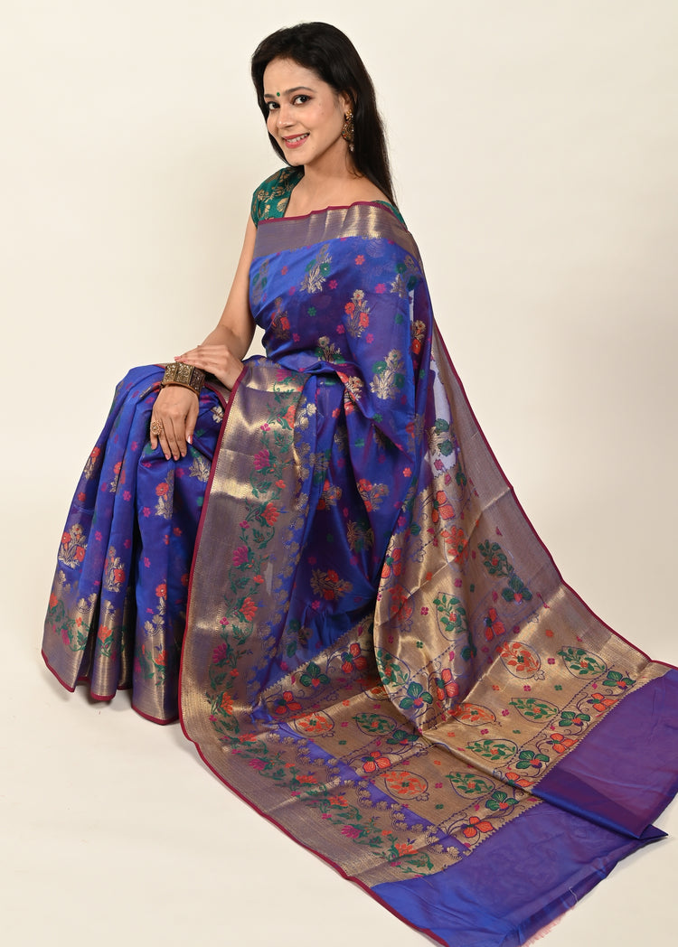 Banarasi Vastra Chanderi Silk Floral Meena Buta Saree Zari Woven Skirt Border