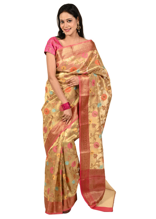 Banarasi Vastra Tissue Silk Zari & Resham Woven Floral Zari Zaal Saree in Amber