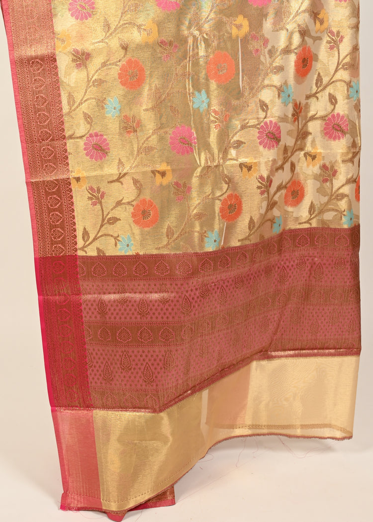 Banarasi Vastra Tissue Silk Zari & Resham Woven Floral Zari Zaal Saree in Amber