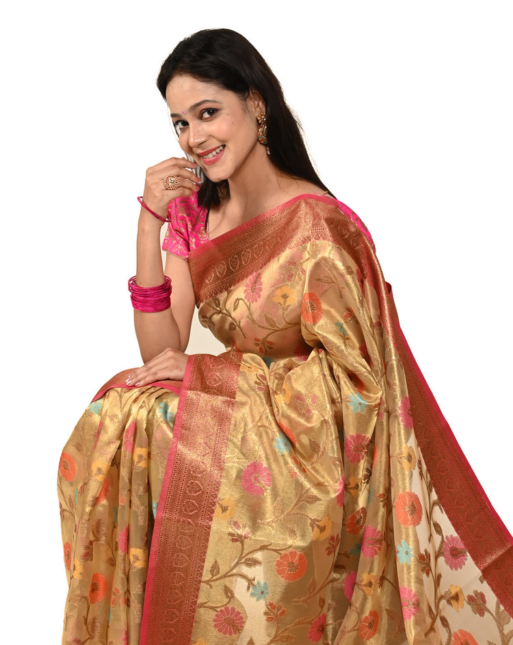 Banarasi Vastra Tissue Silk Zari & Resham Woven Floral Zari Zaal Saree in Amber
