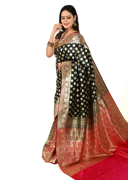 Banarasi Silk Heavy Handloom Saree With Zari Motifs, Rich Pallu & Broad Border Black