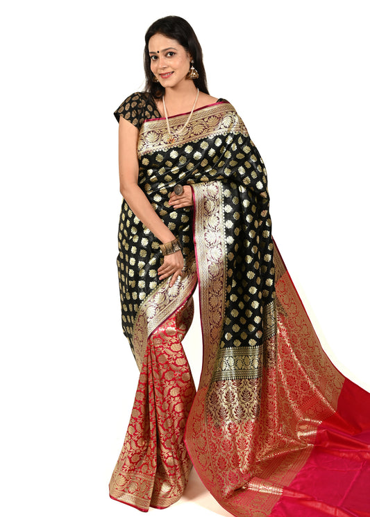 Banarasi Vastra Satin Silk Woven Zari Brocade Heavy Banarasi Saree Black & Red
