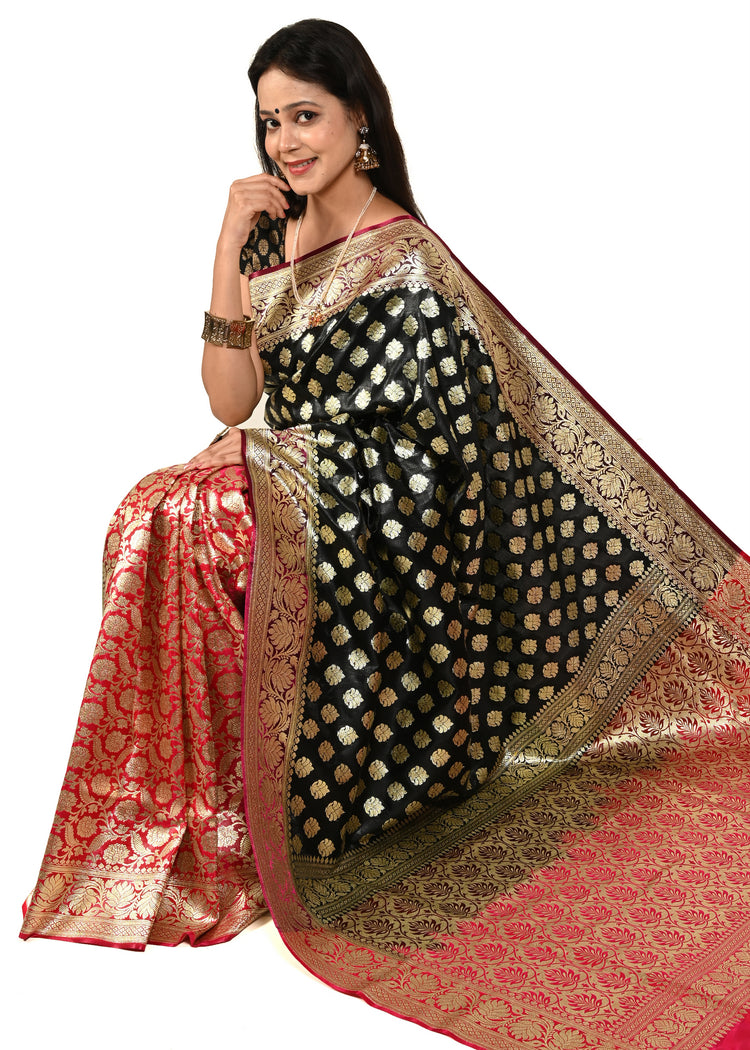 Banarasi Silk Heavy Handloom Saree With Zari Motifs, Rich Pallu & Broad Border Black