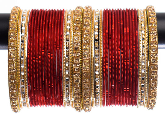 Costume Matching 40 Pc Indian Metal Bangles Bracelet Set in Size 2.8 Deep Red & Gold