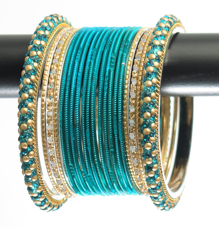 Costume Matching 40 Pc Indian Metal Bangles Bracelet Set in Size 2.8 Teal Green