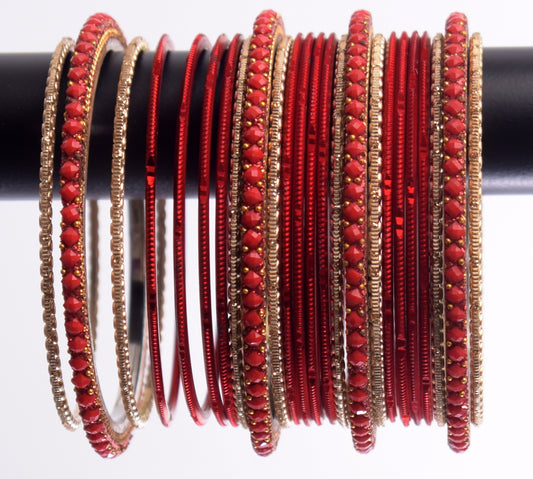 Costume Matching 24 Pc Indian Metal Bangles Bracelet Set in Size 2.8 Deep Red