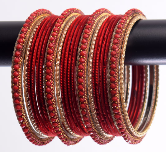 Costume Matching 24 Pc Indian Metal Bangles Bracelet Set in Size 2.8 Deep Red