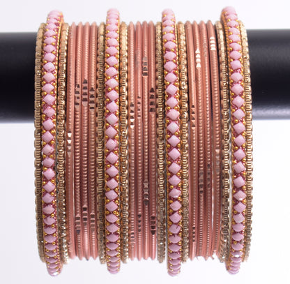 Costume Matching 24 Pc Indian Metal Bangles Bracelet Set in Size 2.8 Light Pink / Peach
