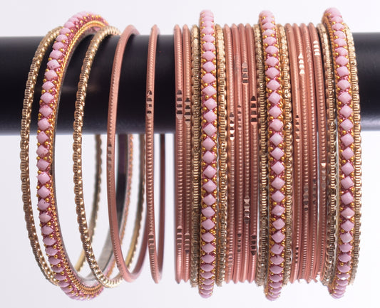 Costume Matching 24 Pc Indian Metal Bangles Bracelet Set in Size 2.8 Light Pink / Peach