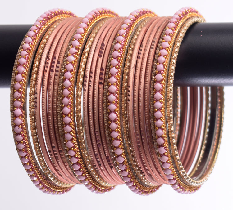 Costume Matching 24 Pc Indian Metal Bangles Bracelet Set in Size 2.8 Light Pink / Peach