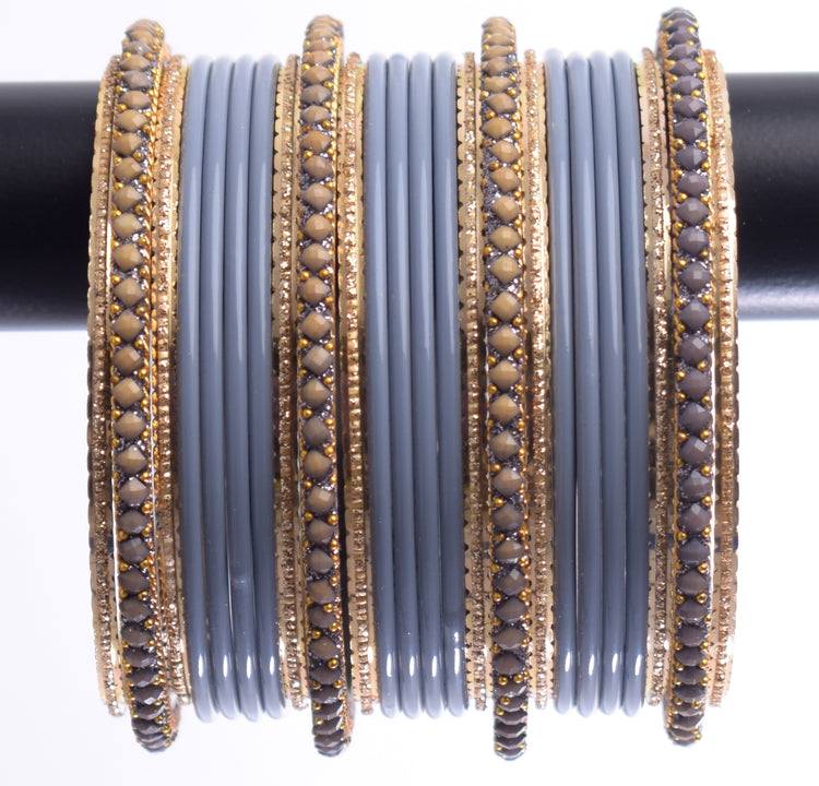 Costume Matching 24 Pc Indian Metal Bangles Bracelet Set in Size 2.8 Gray