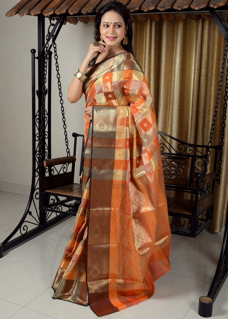 Banarasi Vastra Chanderi Silk Gharchola Pattern Zari Woven Saree Rusty Orange