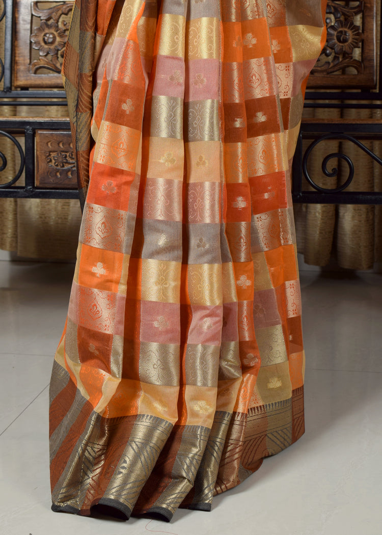 Banarasi Vastra Chanderi Silk Gharchola Pattern Zari Woven Saree Orange Saree