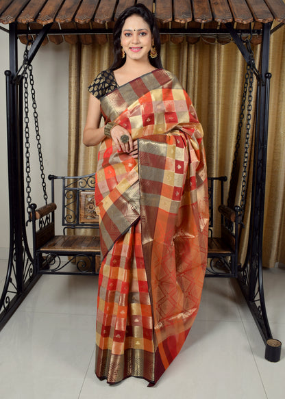 Banarasi Vastra Chanderi Silk Gharchola Pattern Zari Woven Saree Rusty Red Saree