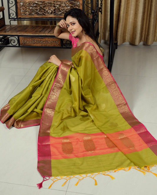 Banarasi Vastra Silky Lenin Saree With Zari Woven Floral Motifs Border Green