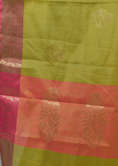 Banarasi Vastra Silky Lenin Saree With Zari Woven Floral Motifs Border Green
