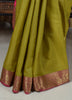 Banarasi Vastra Silky Lenin Saree With Zari Woven Floral Motifs Border Green