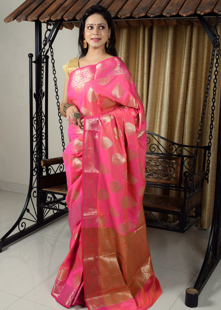 Banarasi Vastra Semi Katan Silk Woven Saree Golden Zari Buta Floral Border Pink