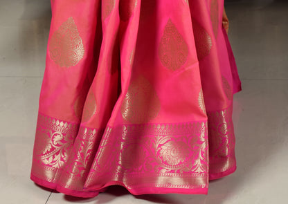 Banarasi Vastra Semi Katan Silk Woven Saree Golden Zari Buta Floral Border Pink