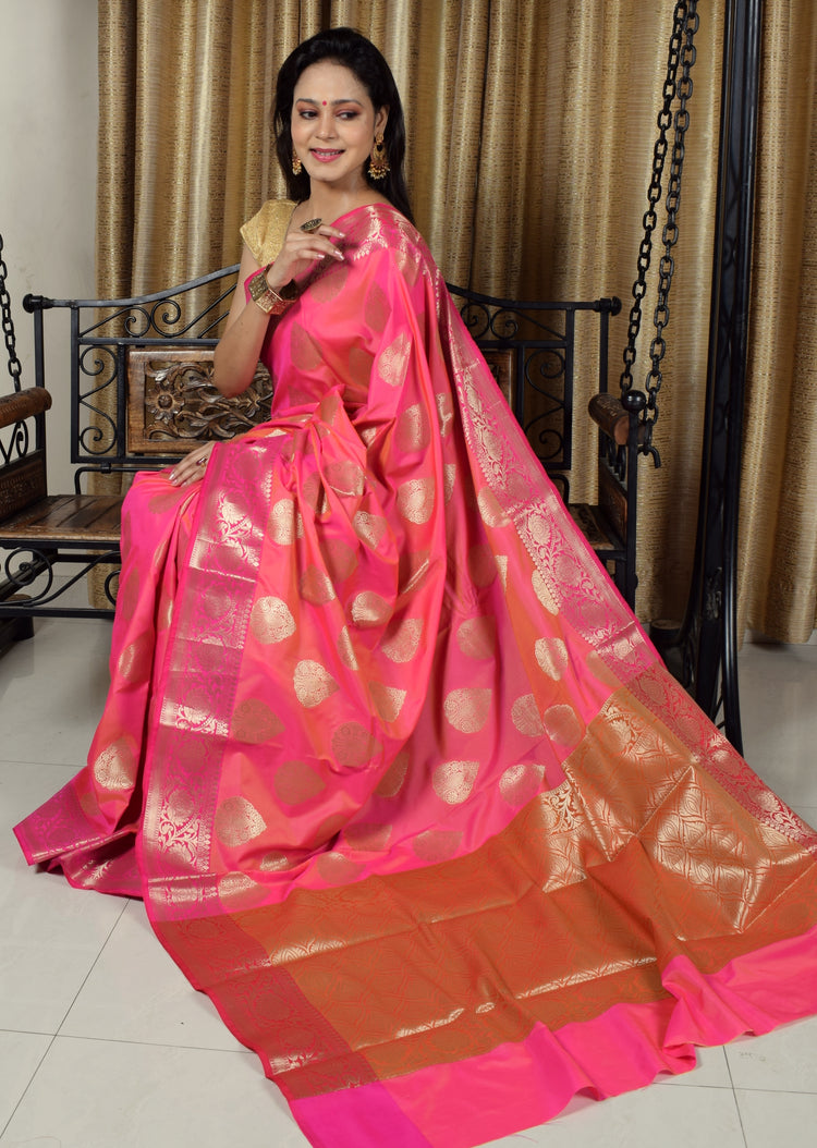 Banarasi Vastra Semi Katan Silk Woven Saree Golden Zari Buta Floral Border Pink