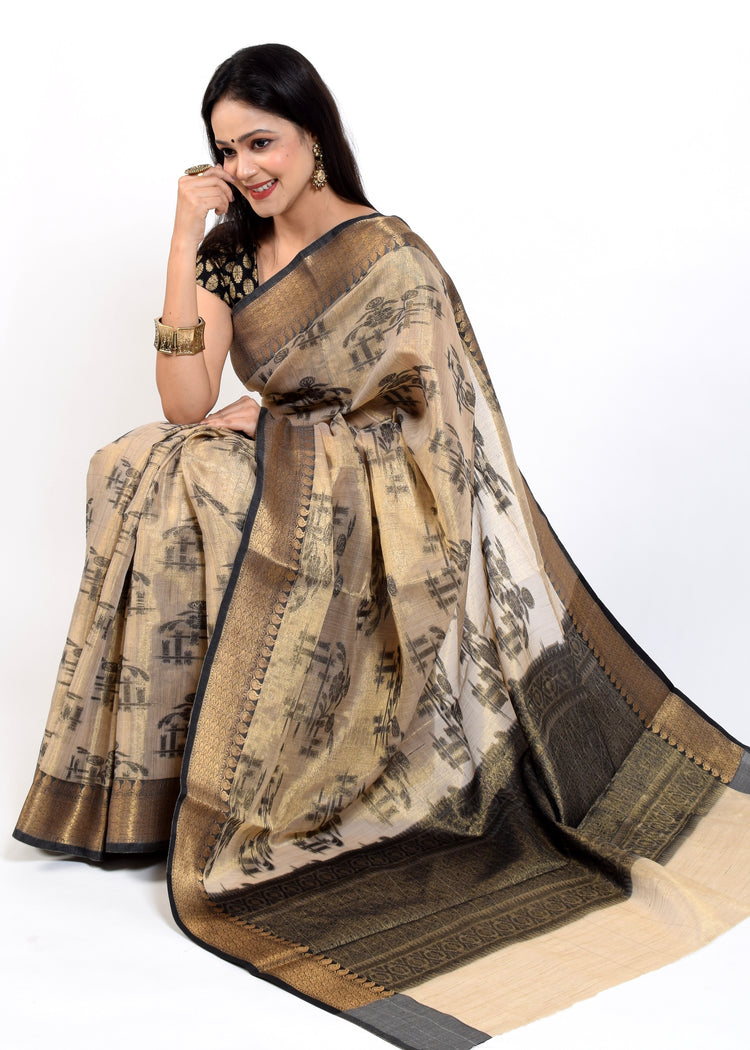 Banarasi Vastra Tissue Silk Baswada Zari Woven Saree Light Brown & Gold