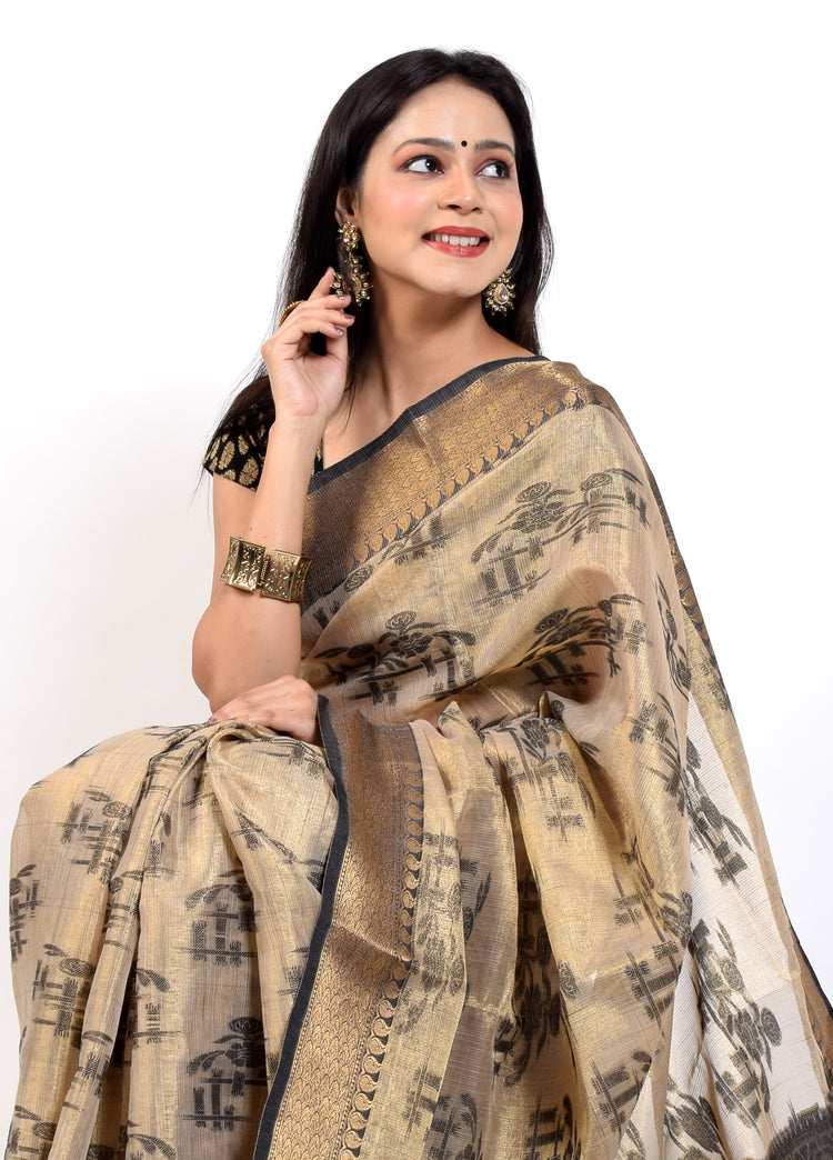 Banarasi Vastra Tissue Silk Baswada Zari Woven Saree Light Brown & Gold