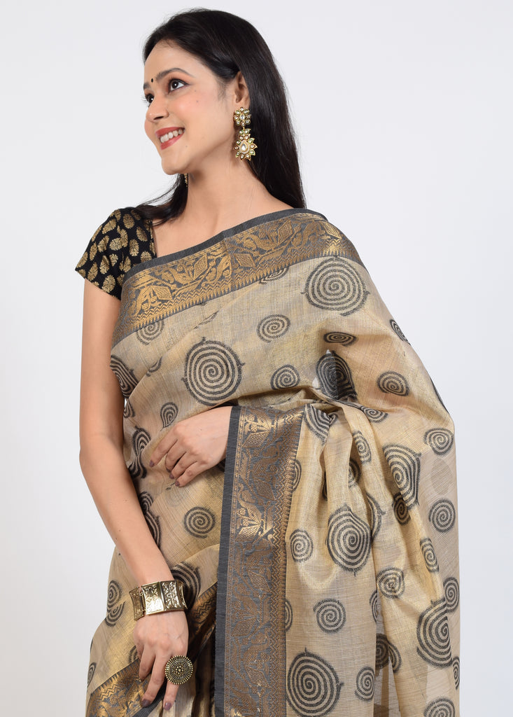 Banarasi Vastra Tissue Silk Baswada Zari Woven Saree Circle Light Brown & Gold