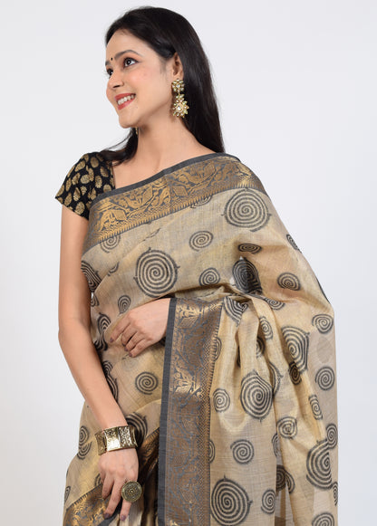 Banarasi Vastra Tissue Silk Baswada Zari Woven Saree Circle Light Brown & Gold