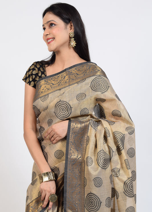 Banarasi Vastra Tissue Silk Baswada Zari Woven Saree Circle Light Brown & Gold