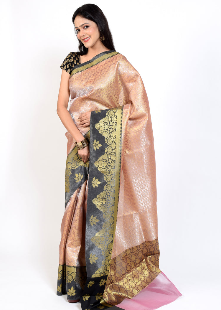 Banarasi Vastra Kora Silk Tanchoi Saree with Zari Woven Skirt Border Brown Black