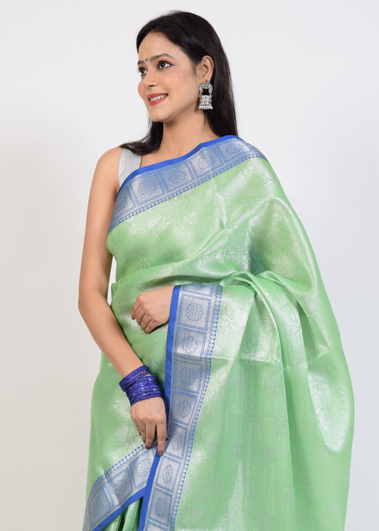 Banarasi Vastra Kora Silk Tanchoi Saree Zari Woven Floral Sari Contrast Border