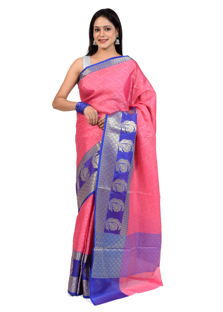 Banarasi Vastra Kora Silk Resham Tanchoi Saree with Zari Woven Skirt Border Pink
