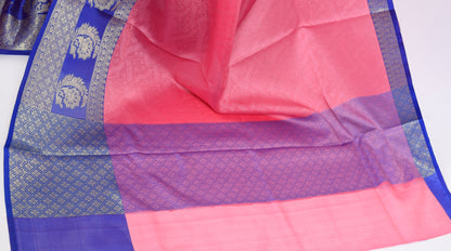 Banarasi Vastra Kora Silk Resham Tanchoi Saree with Zari Woven Skirt Border Pink