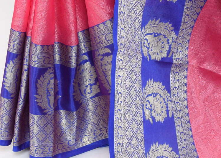 Banarasi Vastra Kora Silk Resham Tanchoi Saree with Zari Woven Skirt Border Pink