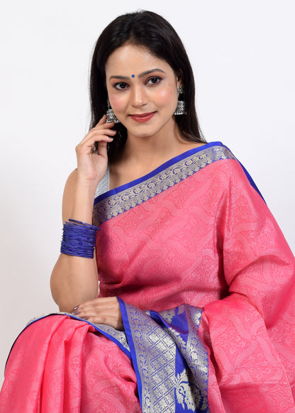 Banarasi Vastra Kora Silk Resham Tanchoi Saree with Zari Woven Skirt Border Pink