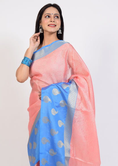 Banarasi Vastra Kora Silk Tanchoi Saree Resham Body Zari Woven Skirt Border Pink