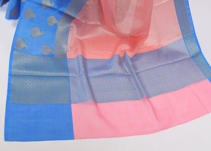 Banarasi Vastra Kora Silk Tanchoi Saree Resham Body Zari Woven Skirt Border Pink